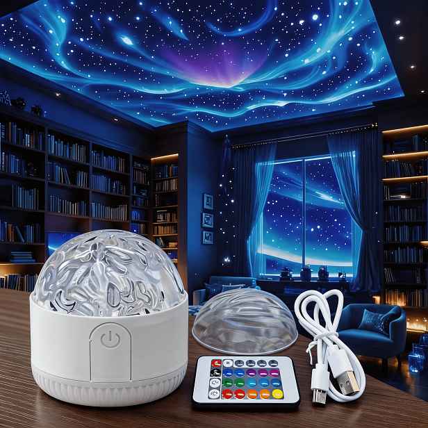 TEMU Ambientní světlo Wave Aurora, rotační lampa s plamenem a vodními vlnami, dobíjecí, bez nutnosti zapojení, RGB projekční světlo s mořskými vlnami