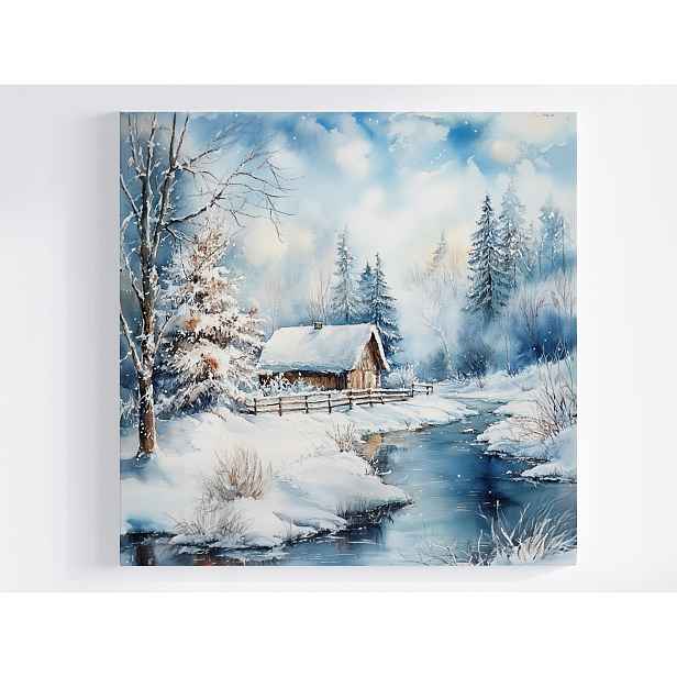 Obraz Na Plátně Canvas Krajina Zimní Les Dům Řeka Sníh 50x50