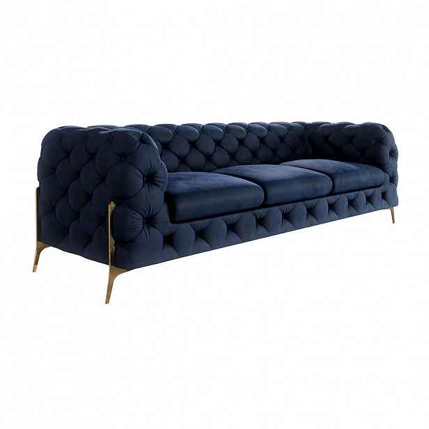 S-Style CHESTERFIELD TŘÍMÍSTNÁ POHOVKA Lexi z tmavě modrého sametu se zlatými nohami