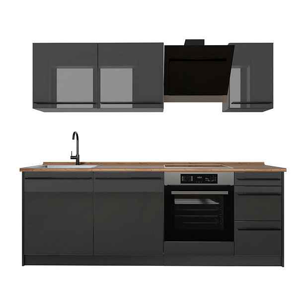 Vicco KUCHYŇSKÝ KOUT R-Line, Antracitový vysoký lesk/Antracit, 220 cm pracovná doska Dub Goldkraft