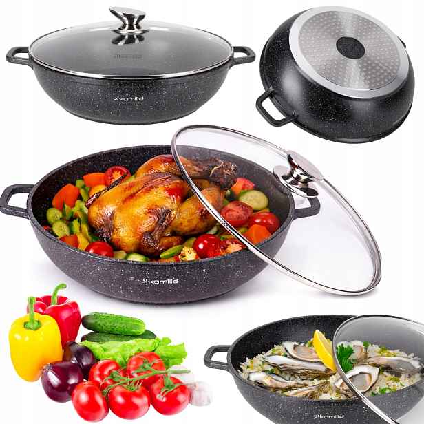 Hrnec Wok Mramorový 5,5L Zapékací Mísa Pánev S Víkem Indukce Kamille