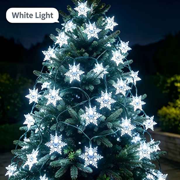 TEMU Sněhová vločka LED řetězové světla na baterie, 8 světelných režimů IP65 zelený drát pohádková světla, 3,6m 20LED vánoční dekorativní světla se