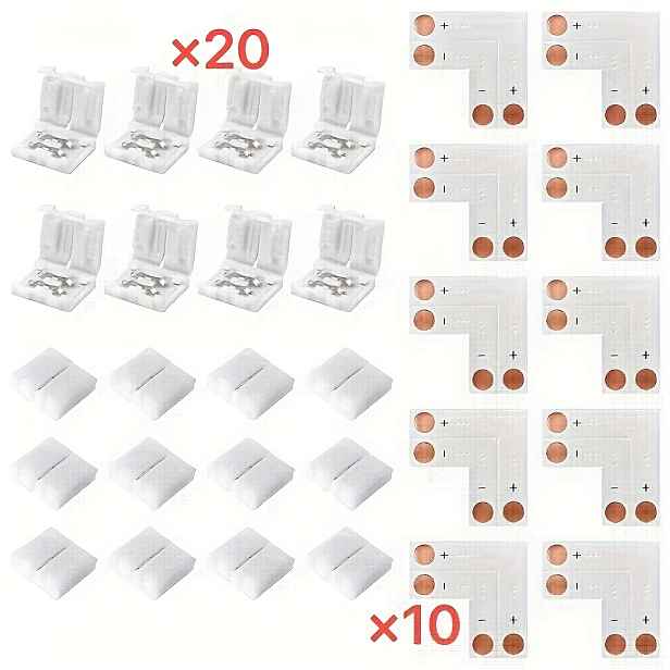 TEMU 30ks 2-pinové LED konektory s 20 klipy - 8mm pravý úhel bez pájení adaptér pro LED pásky, bílá plastová, odolná a snadná instalace, ideální