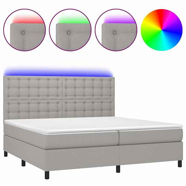 vidaXL Box spring postel s matrací a LED světle šedá 200x200 cm textil