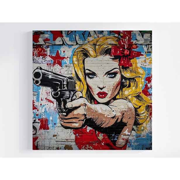 Obraz Na Plátně Canvas Cihlová Zeď Graffiti Žena Pistole Portrét 50x50