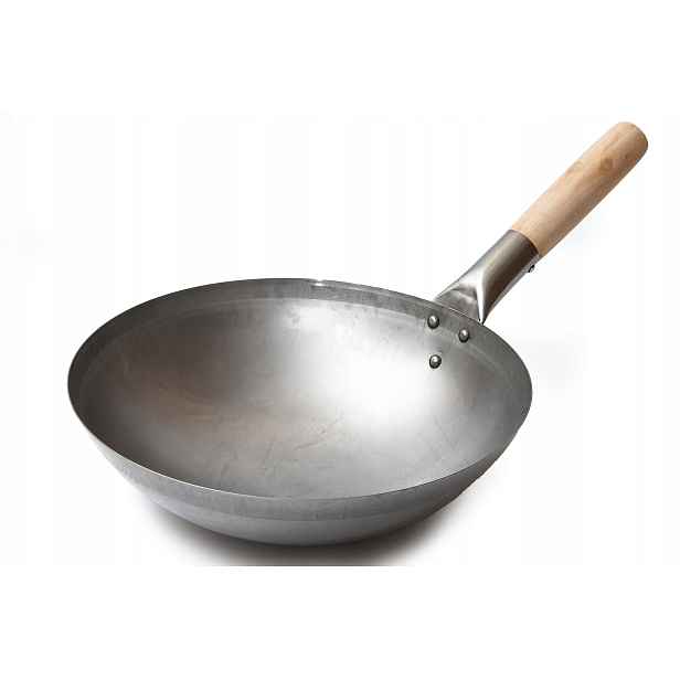 Pánev Wok z uhlíkové oceli 30 cm Kulaté dno, dřevěná rukojeť
