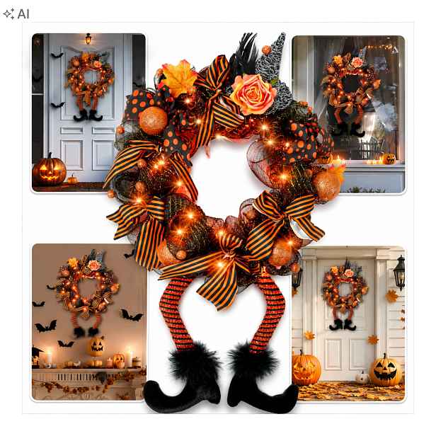 Dekorace Halloweenský věnec s nohama čarodějnice Led na dveře na baterie