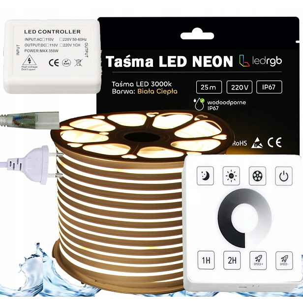 Set Led pásek Neon 230V 25 m 3000K Bílý Teplý Napájecí Zdroj Ovladač Dálkový Ovladač