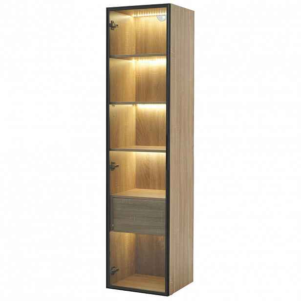 Modfu KOUPELNOVÁ skříňka z MDF šířka 40x34x165 cm v přírodní barvě se skleněnými dvířky a světelnou lištou