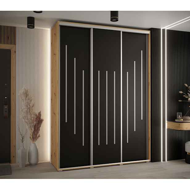 Šatní skříň YVONA 8 - 180/45 cm, dub artisan / černá / stříbrná