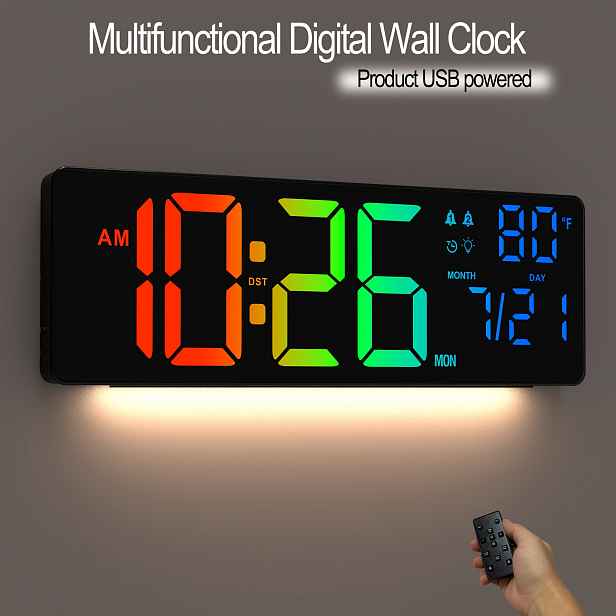 TEMU 1ks 16,3palcové multifunkční velké digitální nástěnné hodiny, 7 RGB jednobarevných, 4 RGB přechodových , dvojitý budík, s zobrazením teploty,