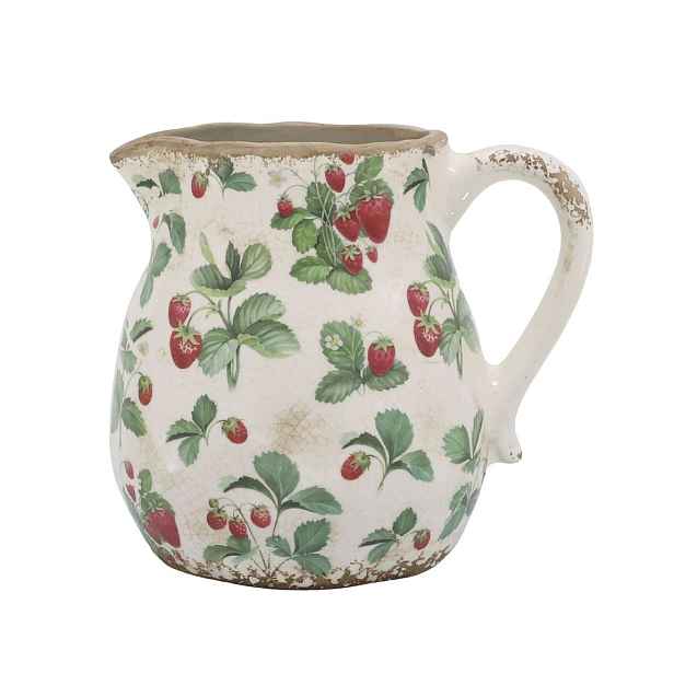 Krémový antik keramický džbán s jahůdkami Fraises - 16*15 cm Chic Antique