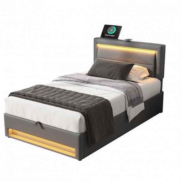Modenvie ČALOUNĚNÁ postel s čalouněním 90/190 cm z PU v šedé barvě s LED, USB a úložným prostorem