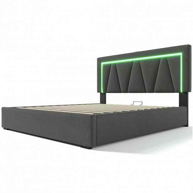 Modfu ČALOUNĚNÁ postel ze lnu 140x200 cm šedá s LED, USB-C, úložným prostorem a matrací