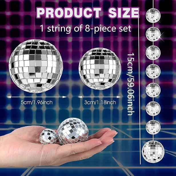 TEMU 8 ks 4,9 FT Disco koule párty dekorace Mini Disco koule ozdoby stříbrná závěsná koule reflexní zrcadlová koule pro Vánoce svatbu 70S taneční