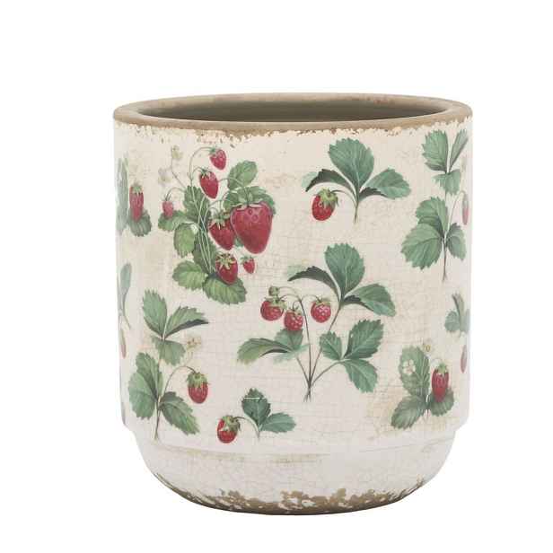 Krémový antik keramický obal na květináč s jahůdkami Fraises - Ø 13*13 cm Chic Antique