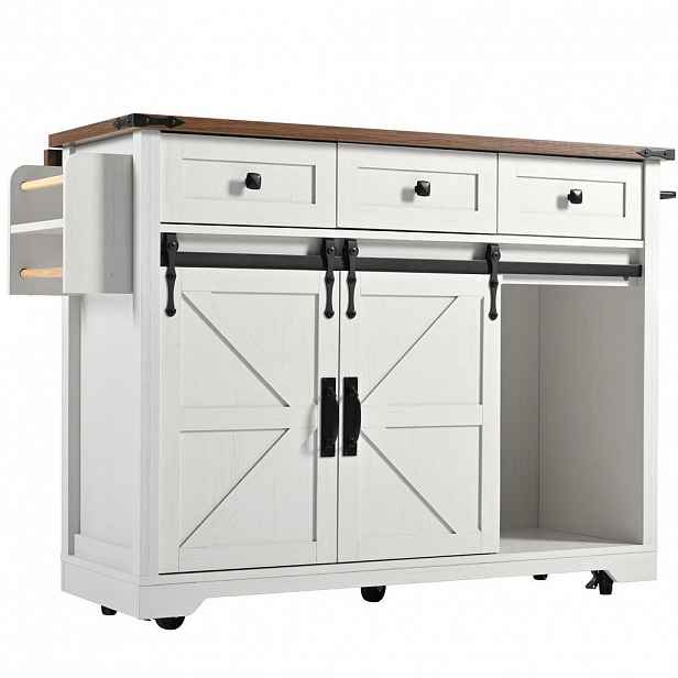 Modfu KUCHYŇSKÝ ostrůvek z MDF 140x73x94 cm béžový na kolečkách s výklopnou deskou, posuvnými dveřmi a 3 zásuvkami