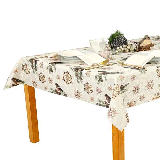 Vánoční ubrus odolný proti skvrnám ecru, zlatá nit 140 x 450 cm