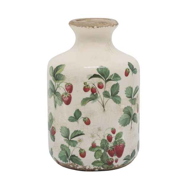 Krémová antik keramická váza s jahůdkami Fraises - Ø 11*17 cm Chic Antique