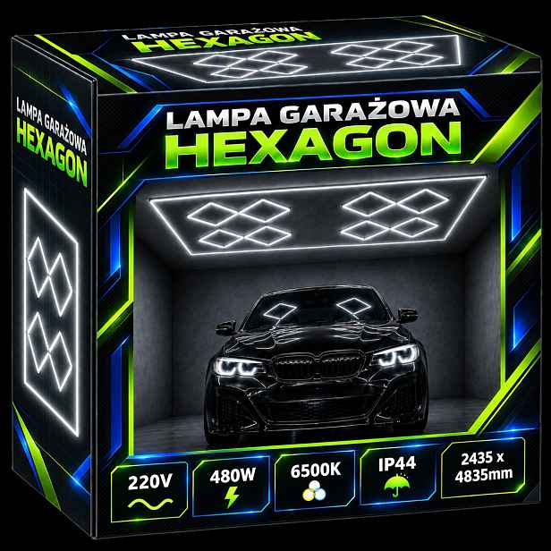 Led lampa Hexagon 480W 6500K Stropní garáž Dílna Detailing 244x484cm