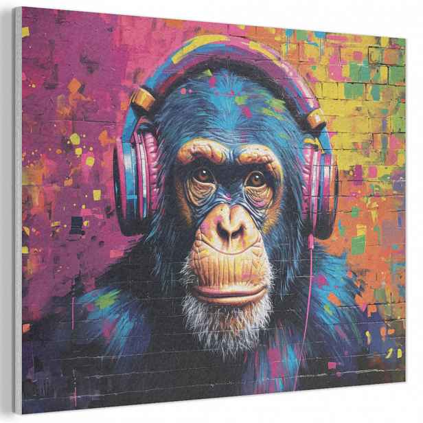 MuchoWow AKUSTICKÝ obraz Graffiti - Šimpanz - Street art - Sluchátka - Opice 100x70 cm