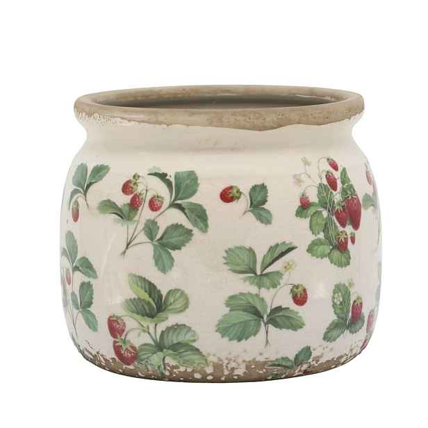 Krémový antik keramický obal na květináč s jahůdkami Fraises - Ø 15*13 cm Chic Antique