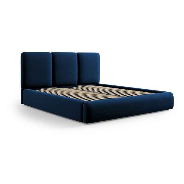 Tmavě modrá sametová čalouněná dvoulůžková postel s úložným prostorem s roštem 200x200 cm Brody – Mazzini Beds
