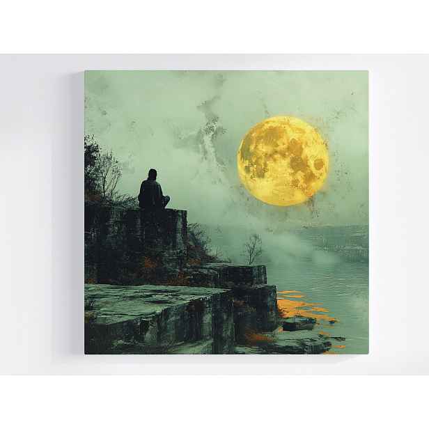 Obraz Na Plátně Canvas Člověk Skály Voda Měsíc Noc Meditace 50x50