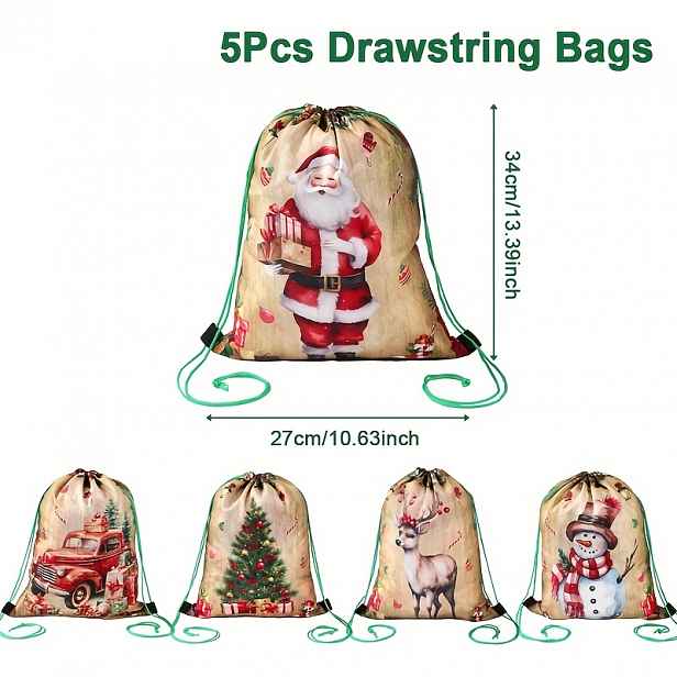 TEMU Dárek pro ni/jeho 5 ks, Vánoční retro dárkové tašky se stahovací šňůrkou, Retro Santa Claus Sněhulák Sob Vzhled Polyesterová dárková taška,