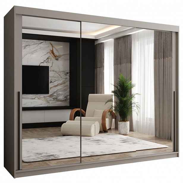 Home Collective ŠATNÍ SKŘÍŇ S POSUVNÝMI DVEŘMI se zrcadlem, šířka 250 cm, kašmírová s černým madlem