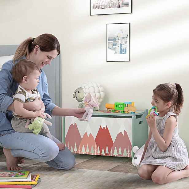ZONEKIZ DĚTSKÁ LAVIČKA s úložným prostorem, bedna na hračky s víkem, roztomilý zvířecí design, zelená