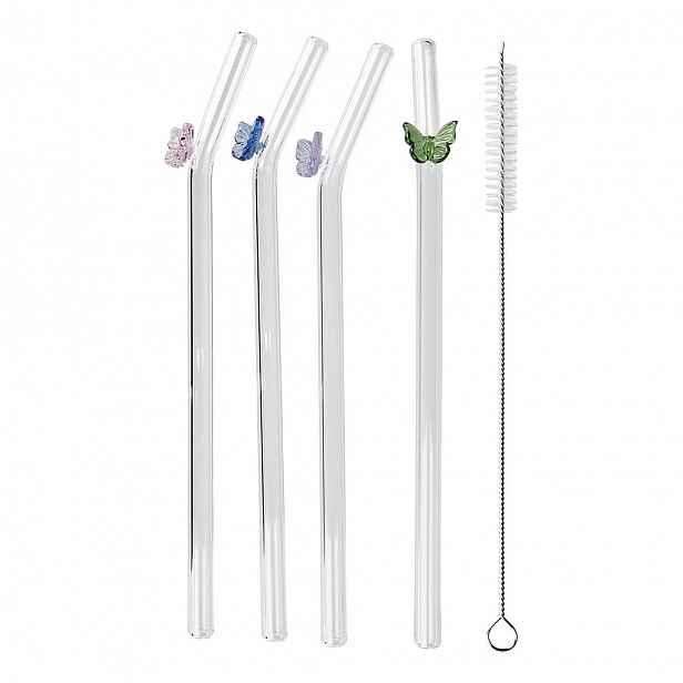 Butlers LONG DRINK Skleněná brčka s kartáčkem motýl set 5 ks
