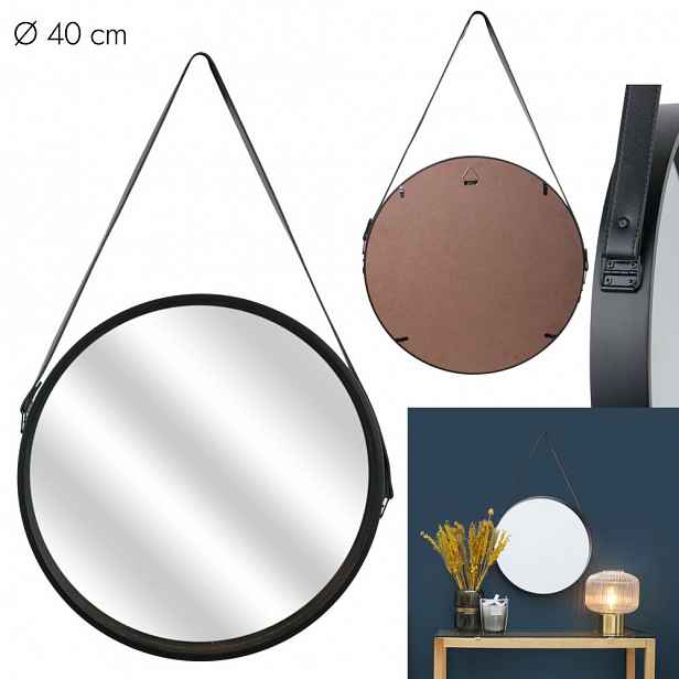 Černé kulaté zrcadlo s koženou rukojetí NAHAD Ø40 cm