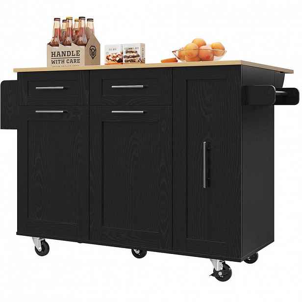 Modfu KUCHYŇSKÝ ostrůvek z MDF a kovu 110x46x90,5 cm černý se sklápěcí deskou, úložným prostorem a kolečky