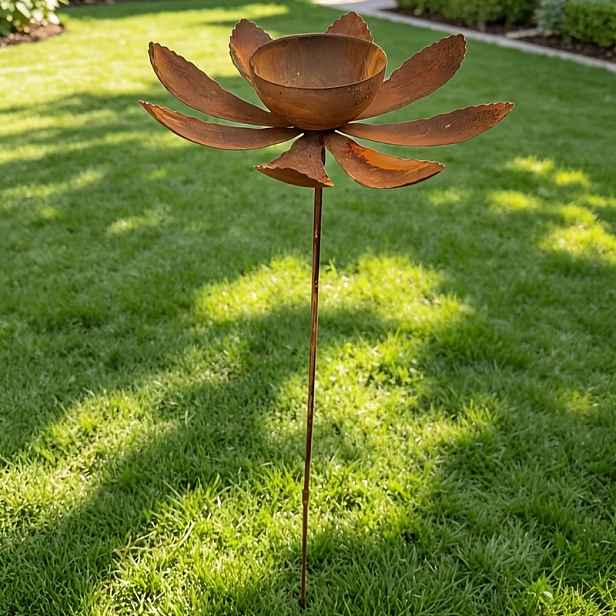 TEMU Vintage zrezivělá železná krmítko a pítko pro ptáky Lotus Bird Bath, 2v1 venkovní krmítko pro volně žijící ptáky a miska na vodu, dekorativní