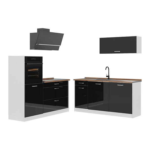 Vicco KUCHYŇSKÝ KOUT R-Line, Černý vysoký lesk/Bílá, 160 cm pracovná doska Dub Goldkraft