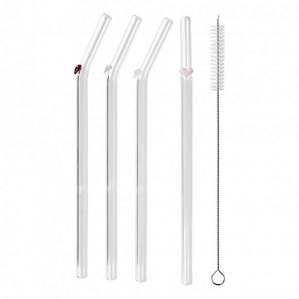 Butlers LONG DRINK Skleněná brčka s kartáčkem srdíčko set 5 ks