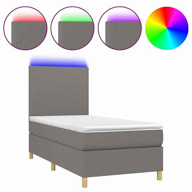 vidaXL Box spring postel s matrací a LED tmavě šedá 90x190 cm textil