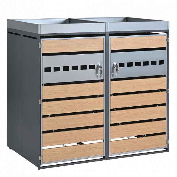 Modfu BOX na popelnice z oceli 132x80x124 cm šedo-dřevěný uzamykatelný se 2 oddělenými dvířky, větráním a horním truhlíkem