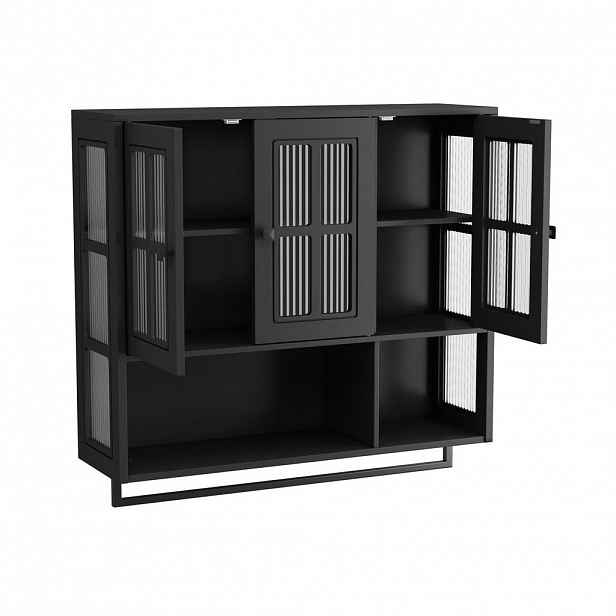 Modfu NÁSTĚNNÁ koupelnová skříňka z MDF a tvrzeného skla 88x26x82,5 cm černá s držákem na ručníky