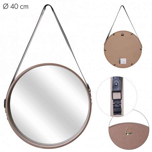 Přírodní kulaté zrcadlo s koženou rukojetí WOODEN Ø40 cm