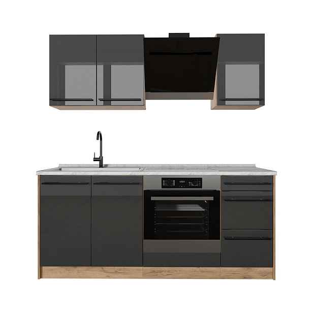 Vicco JEDNOTKOVÁ KUCHYNĚ R-Line, Antracitový vysoký lesk/Zlatý mocný dub, 180 cm pracovná doska Mramor