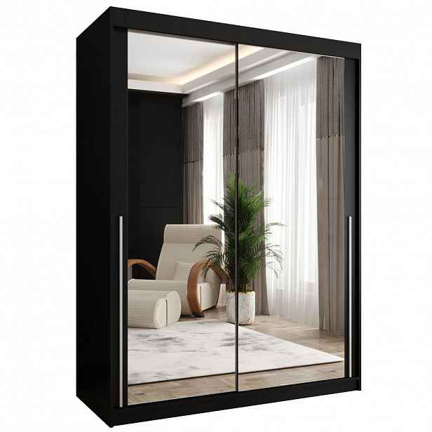 Home Collective ŠATNÍ SKŘÍŇ S POSUVNÝMI DVEŘMI se zrcadlem, šířka 150 cm, černá se stříbrným madlem