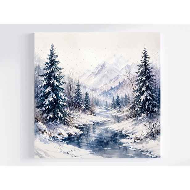Obraz Na Plátně Canvas Krajina Hory Les Stromy Řeka Zima Led Sníh 50x50