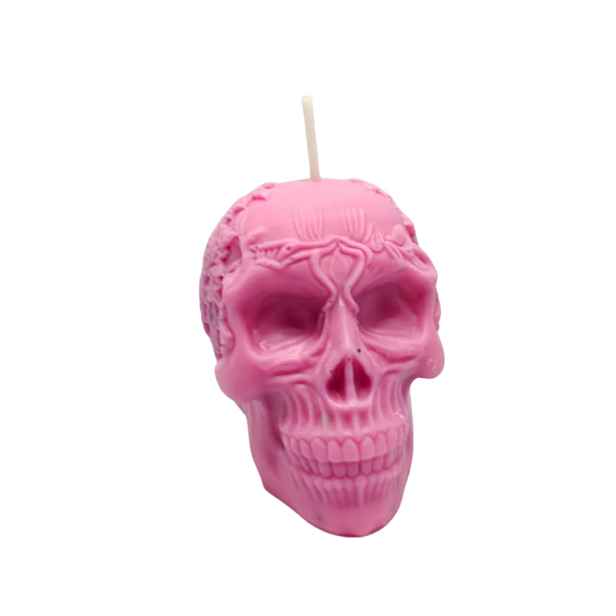 Halloweenská svíčka Lebka Růžová vonná sójová velká 7,5 cm Dekorace