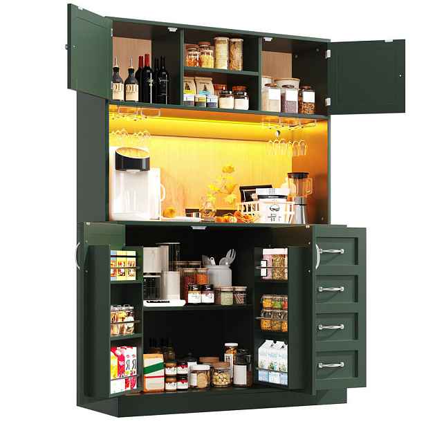 Modenvie BUFFET z MDF, 120/40/188 cm zelený, s LED osvětlením a držáky na nápoje