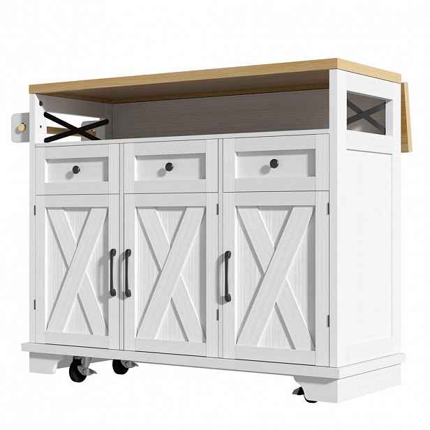 Modfu KUCHYŇSKÝ ostrůvek z MDF a kovu 118x43-70x98 cm bílý se sklopnou deskou, kolečky a variabilním úložným prostorem