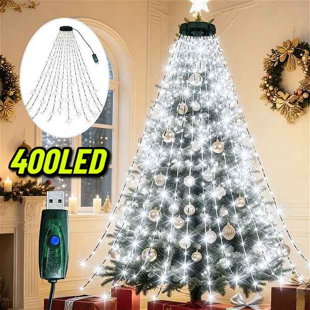 TEMU 1 ks - 400 LED / 220 LED Vnitřní vánoční osvětlení stromku, 11 pramenů / 20 pramenů 2M pohádková světelná řetěz, napájení, 8 režimů svícení,
