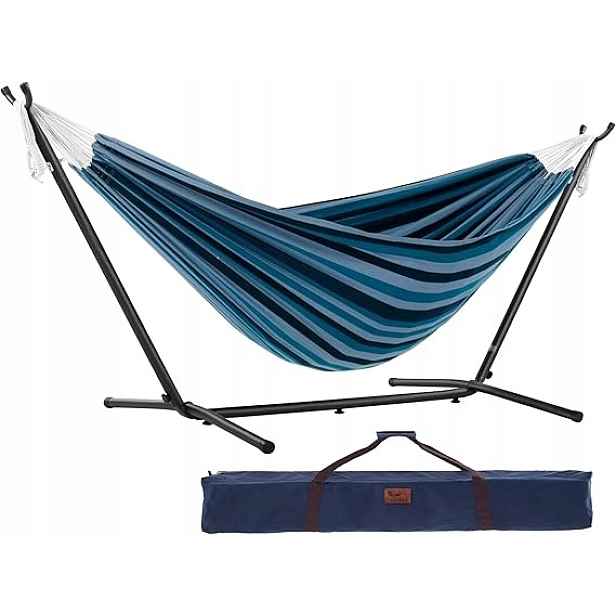 Houpací síť AmazonBasics Sada: Stojan na houpací síť, 2,74 m, s houpací sítí, šedá