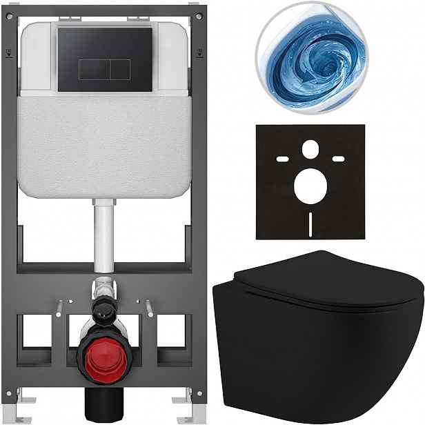 Kompletní WC set Basic/Cesso - černá matná - WC tlačítko Modulo/Černá - volně stojící - předstěnová instalace - 49x36 cm - 8050BD86232